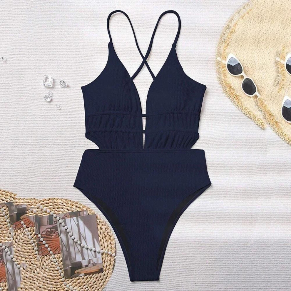 (M, dark blue) Sexy Black Ribbed Backless Swimwear Woman 2025 One Piece Swimsuits String Cross Swimming Wear Bathing Suit Bathers Bodysuit
