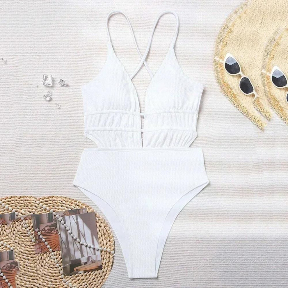 (S, white) Sexy Black Ribbed Backless Swimwear Woman 2025 One Piece Swimsuits String Cross Swimming Wear Bathing Suit Bathers Bodysuit