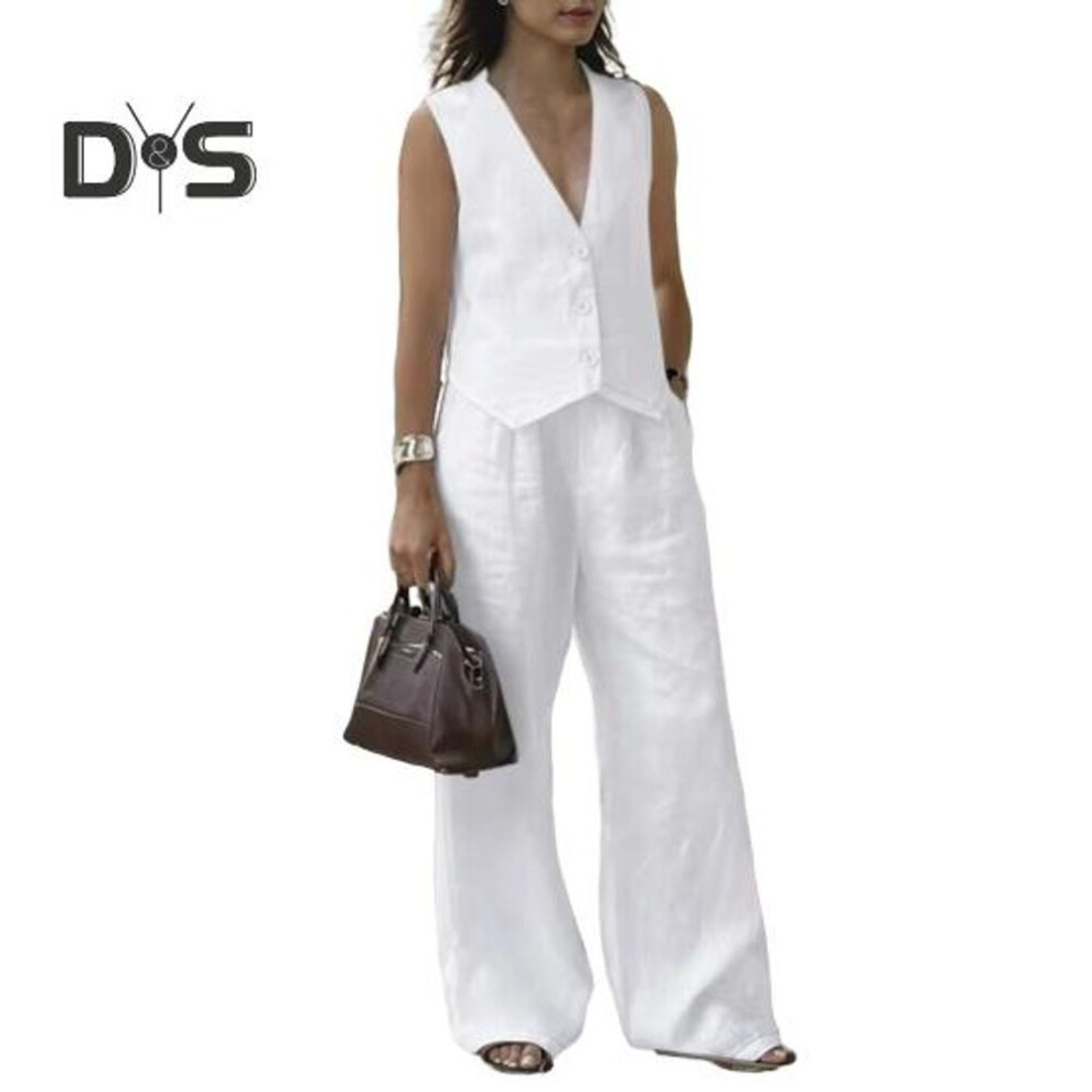 (white, L) 2 Pcs/set Women Vest Pants Suit Deep V Neck Sleeveless Solid Color Top High Waist Wide Leg Trousers Casual Outfit Ol Office Summer Clothes
