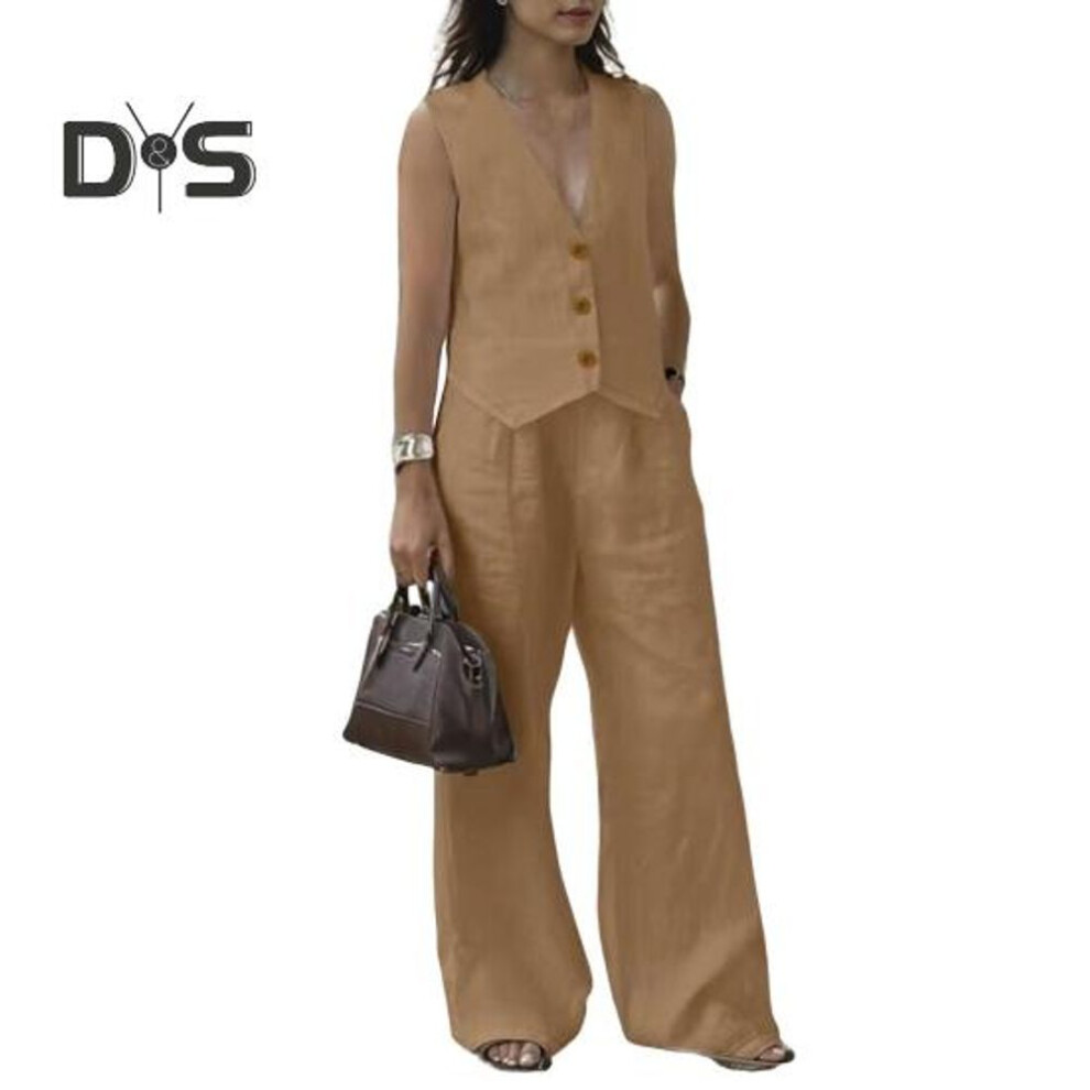 (brown, M) 2 Pcs/Set Women Vest Pants Suit Deep V Neck Sleeveless Solid Color Top High Waist Wide Leg Trousers Casual Outfit OL Office Summer Clothes