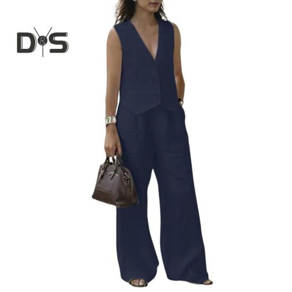 (dark blue, XXL) 2 Pcs/Set Women Vest Pants Suit Deep V Neck Sleeveless Solid Color Top High Waist Wide Leg Trousers Casual Outfit OL Office Summer Clothes