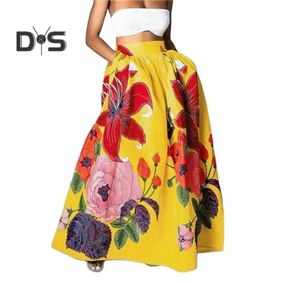 (XXL, yellow) Women Maxi Skirt Elastic High Waist Large Hem Long Skirt with Pockets Flower Print Parties Weddings Skirt