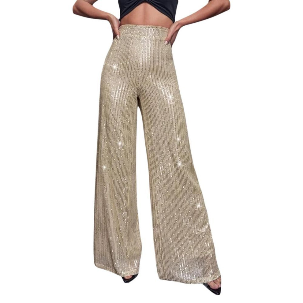 (champagne, M) Women Wide Leg Pants, Elegant Shiny Sequined High Waist Loose Trousers For Club Party