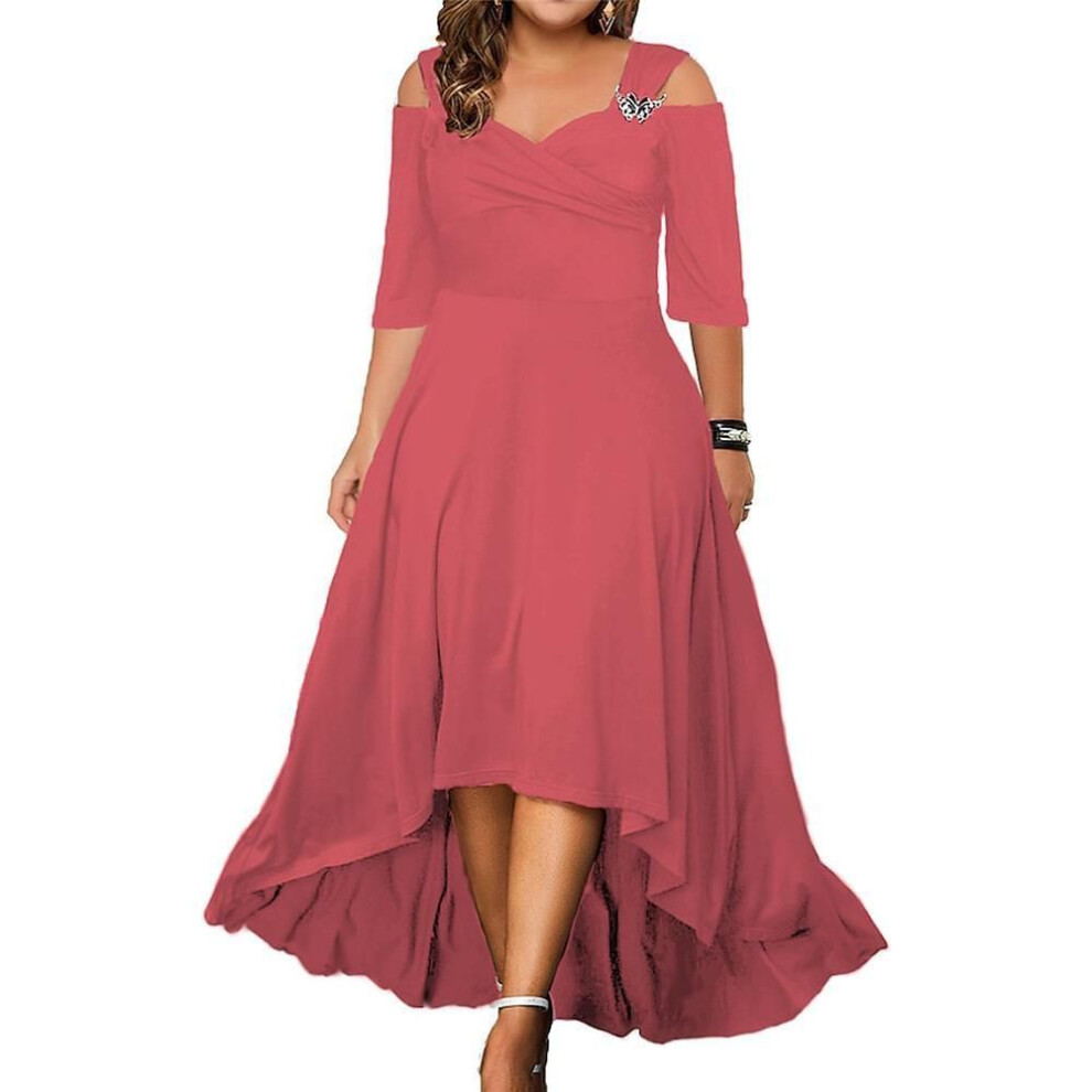 (pink, 2XL) European & American Off-Shoulder Swing Dress - Plus Size, Solid Color, Summer 2023 Women's Long Skirt
