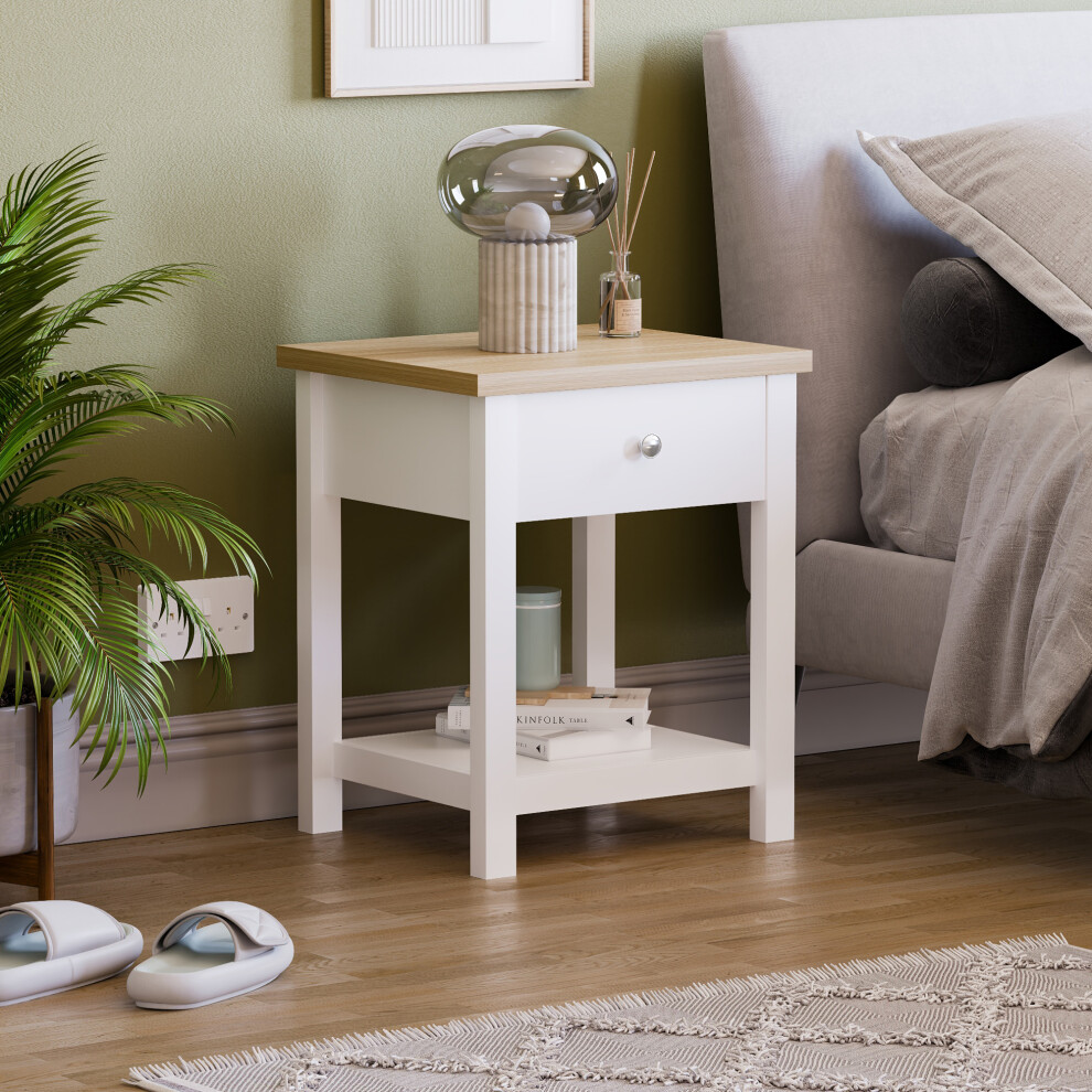 (White & Oak) Arlington 1 Drawer Oak Bedside Storage Table