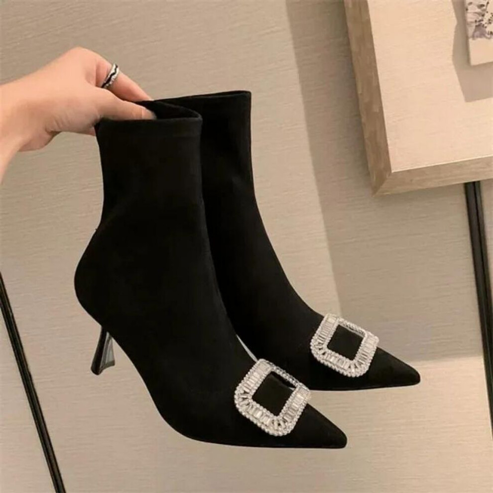 (as the picture, 37) Pointy Elastic Socks Ankle Boots For Women Party Shoes Fashion Lightweight Stiletto Sexy Rhinestone High Heels Botas