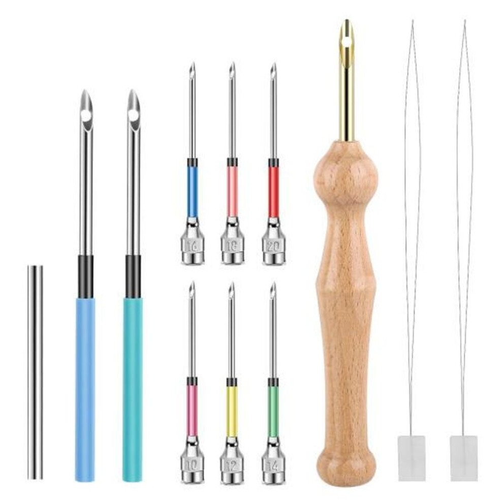 (as the picture, B) Embroidery Punch Needle Set Complete Punch Needle Set with Needle Threader Stainless Steel Needles with Wooden Handle for Adults Beginner DIY Craft