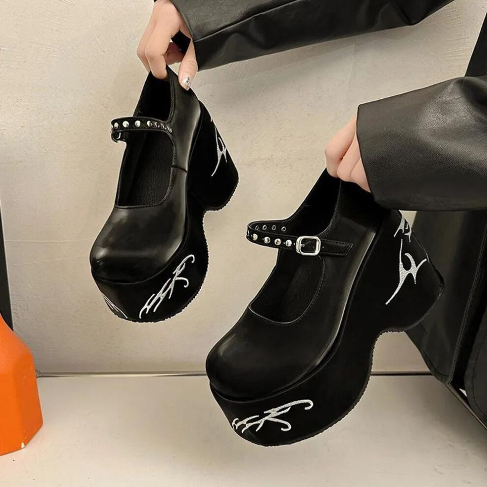 (black, 37) Women's Platform High Heels Gothic Lolita New Mary Jane Shoes Casual Woman Heeled Party Wedges Thick Bottom Pumps Black Loafers