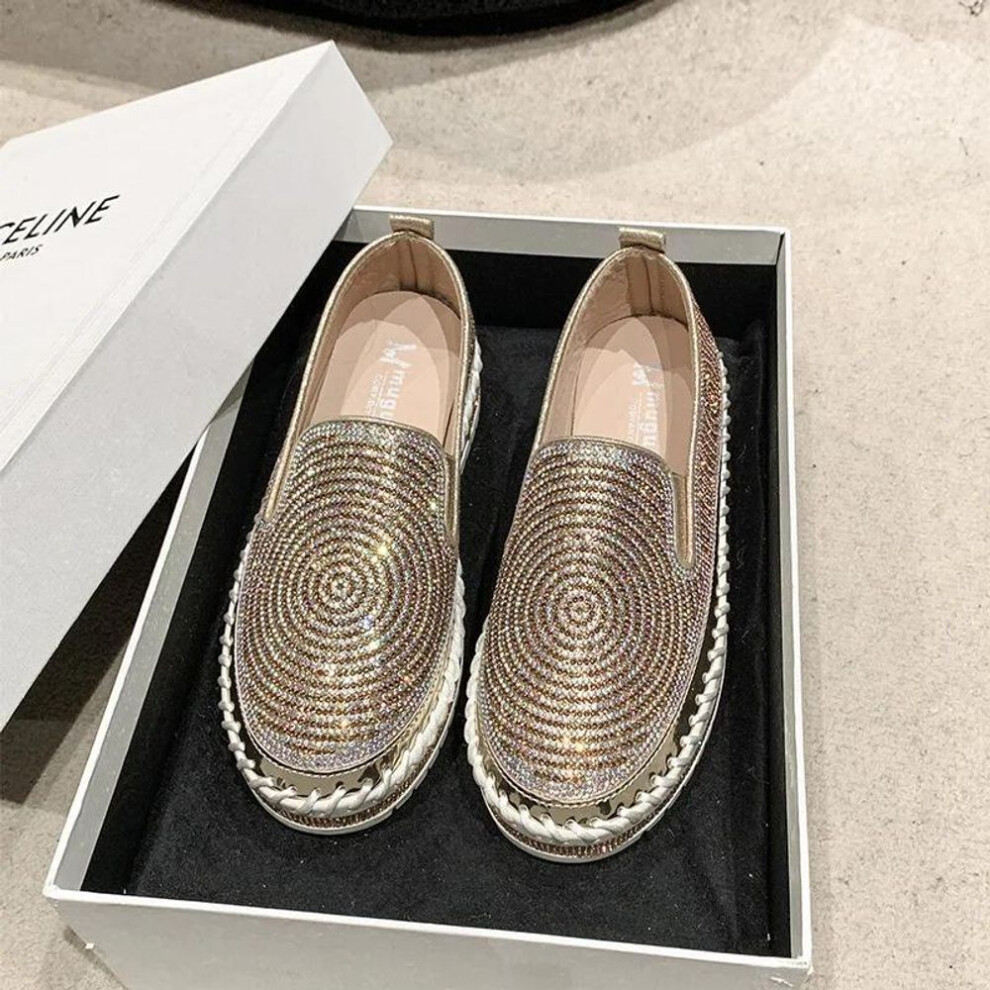 (gold, 35) Shoes Woman Flats Slip-on Casual Female Sneakers Modis Crystal Loafers With Fur Round Toe Shallow Mouth Dress Slip On Retro Big