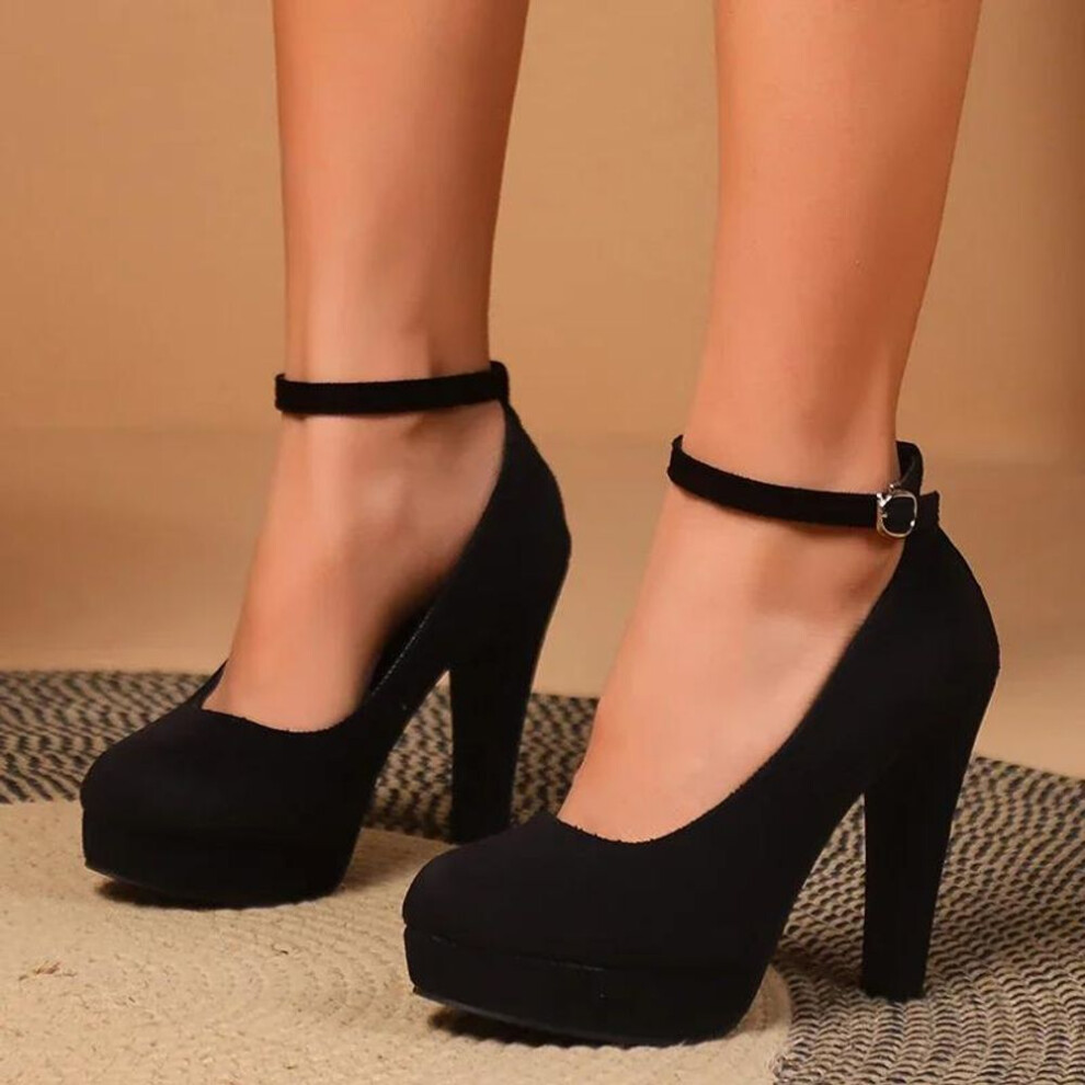 (black, 40) Sexy Super High Heels Shoes For Women Ankle Buckle Chunky Platform Pumps  Black Flock Square Heel Party Shoes Large Size