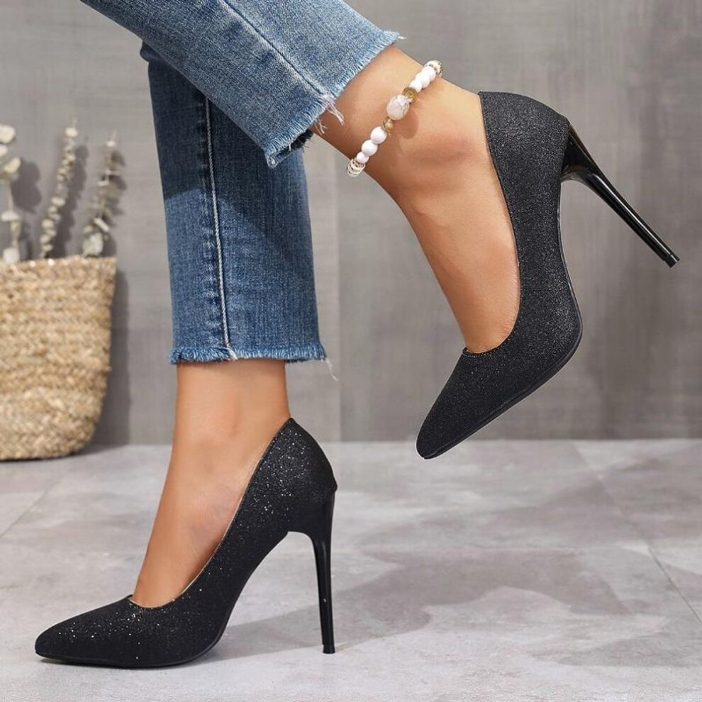 (black, 45) Spring Pointed Sexy Sequined Stiletto High Heel Women's Shoes Large Size Banquet Dress Reverse String Work All-match Single Shoe