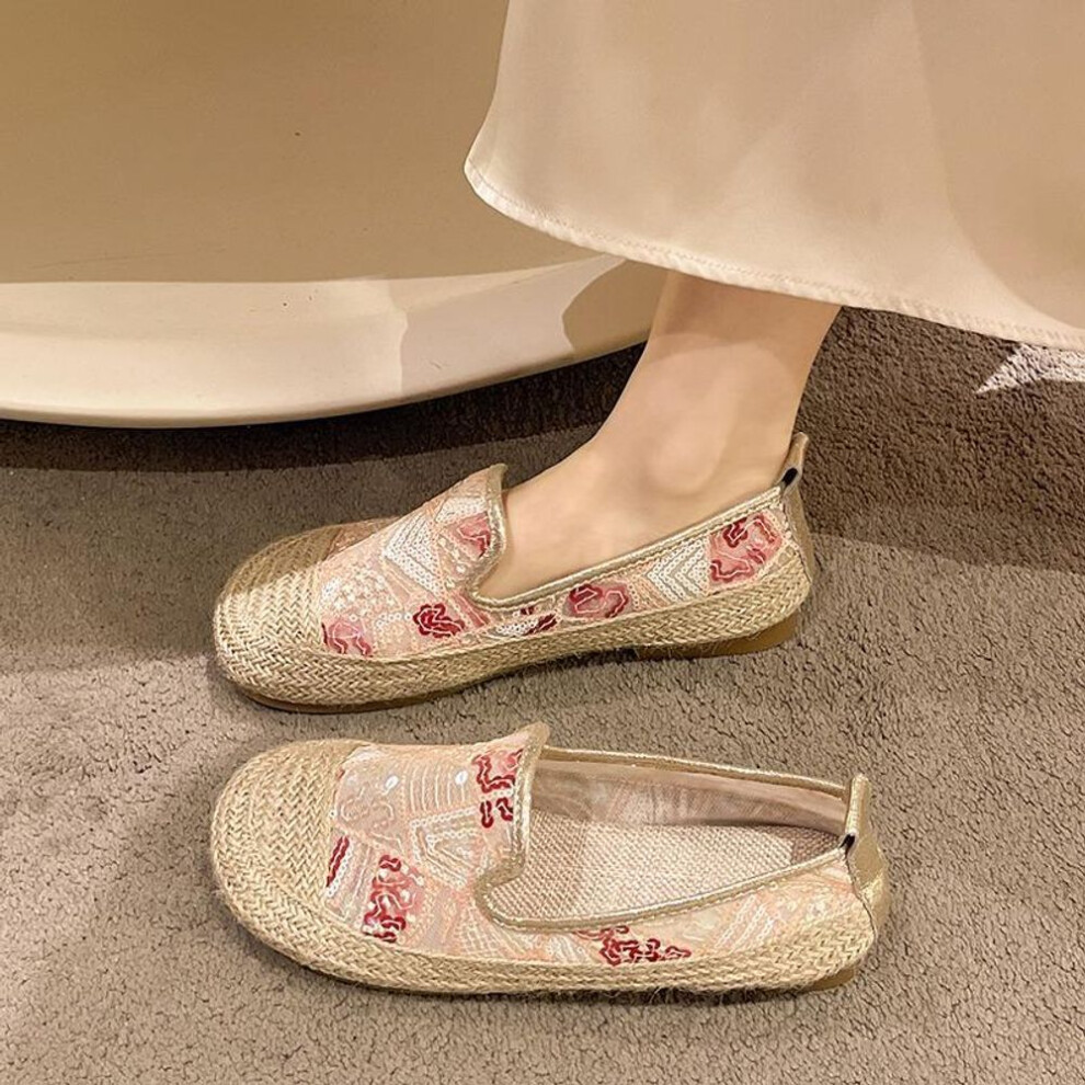 (pink, 36) Bling Glitter bohemian fisherman shoes women  paillette moccasins woman flats hemp soft soled mixed color sneakers loafers