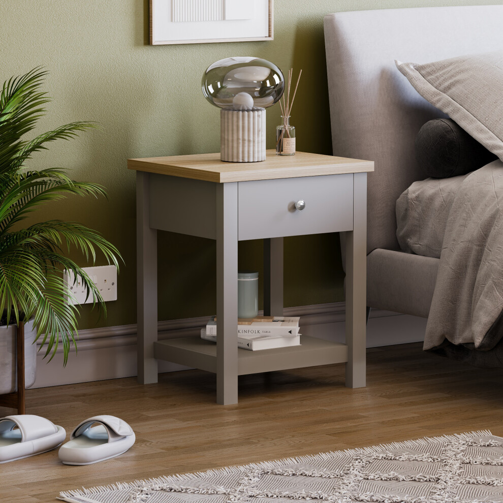 (Grey & Oak) Arlington 1 Drawer Oak Bedside Storage Table