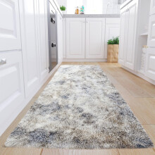 (80 x 300 cm (2 ft 6 in x 10 ft)_Long Runner, Tye Dye Silver) Nonslip Shaggy Fluffy Rugs Soft Extra Large Living Room Bedroom Carpets