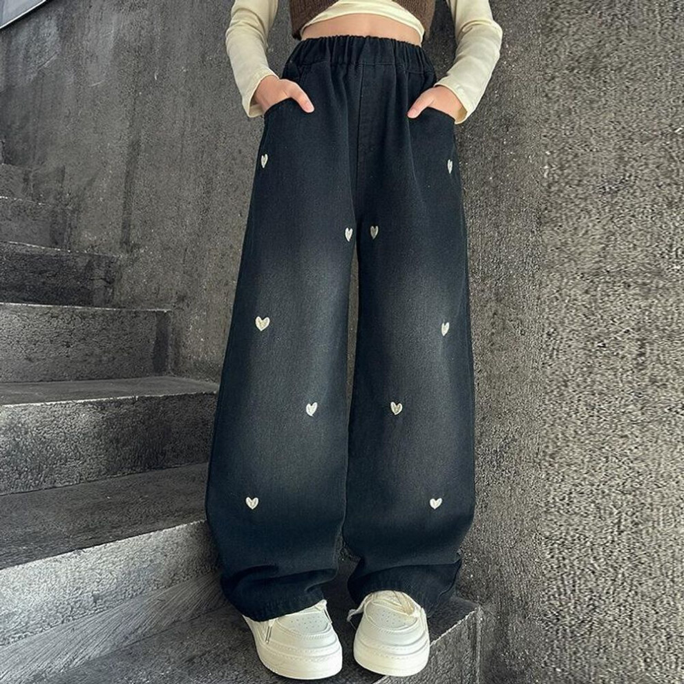 (black, 120) Fashion Teenager Girls Denim Wide Leg Pants Children Trousers Spring Autumn Love Pattern Girls Jeans 5-14 Years Kids Clothes