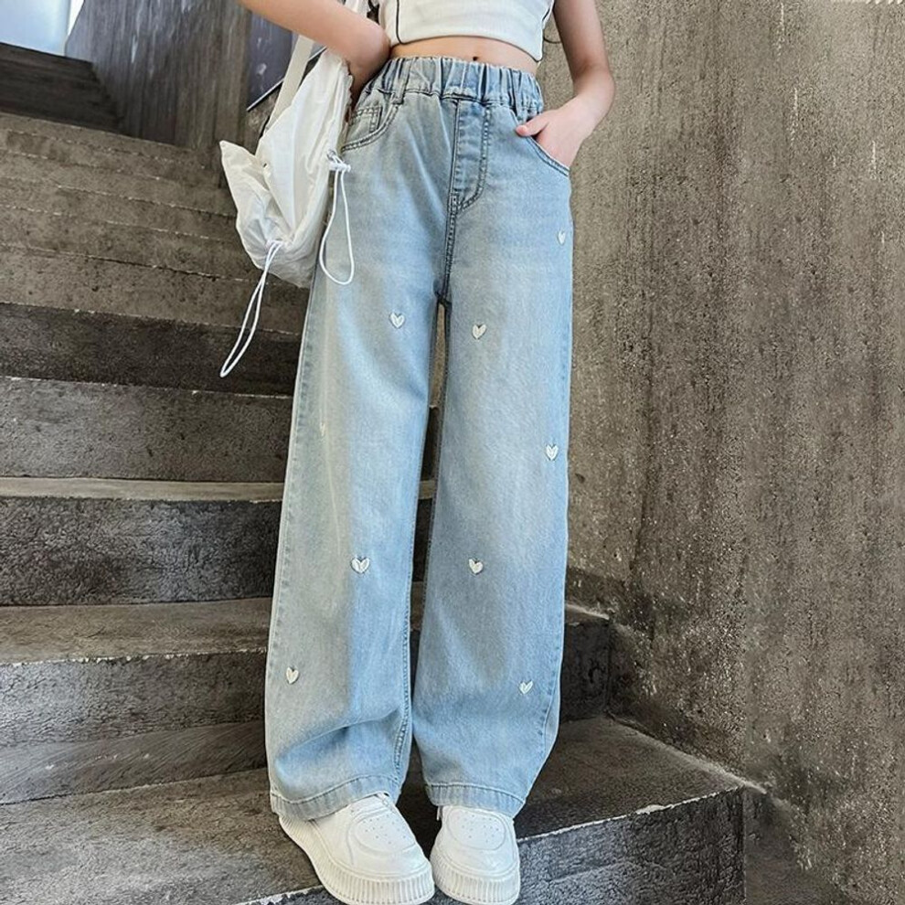 (blue, 150) Fashion Teenager Girls Denim Wide Leg Pants Children Trousers Spring Autumn Love Pattern Girls Jeans 5-14 Years Kids Clothes