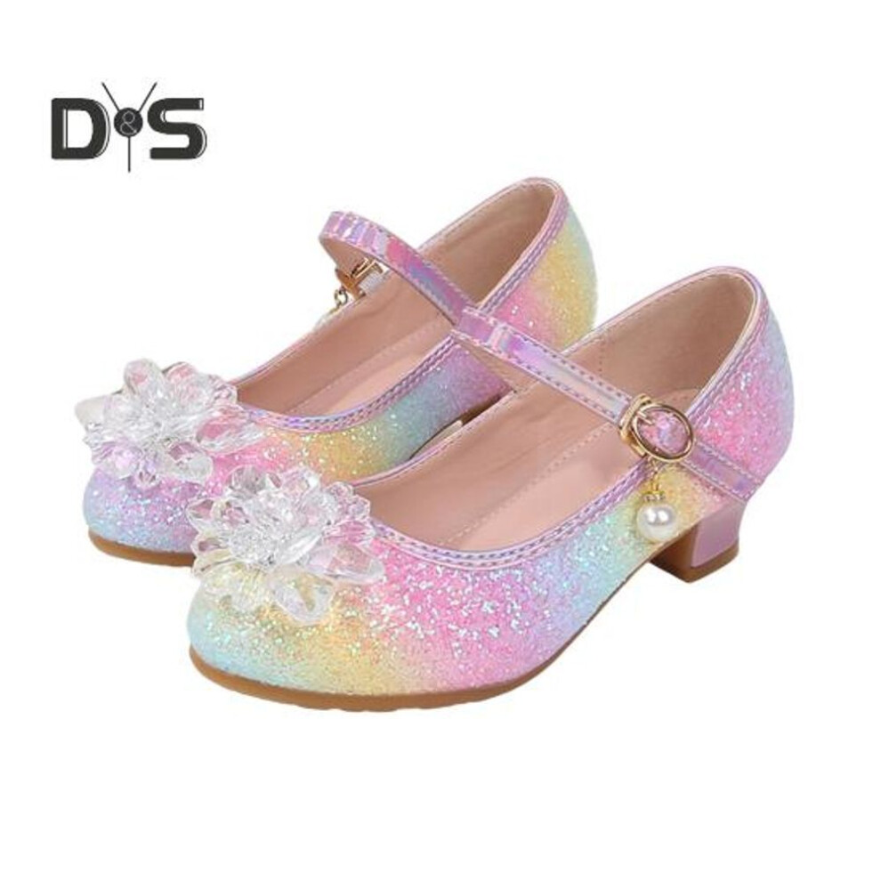 (pink, 33) 1 Pair Children Sandals With Low Heel Princess Style Faux Crystal Shiny Sequin Adjustable Stage Performance Shoes Little Model Shoes For Weddings