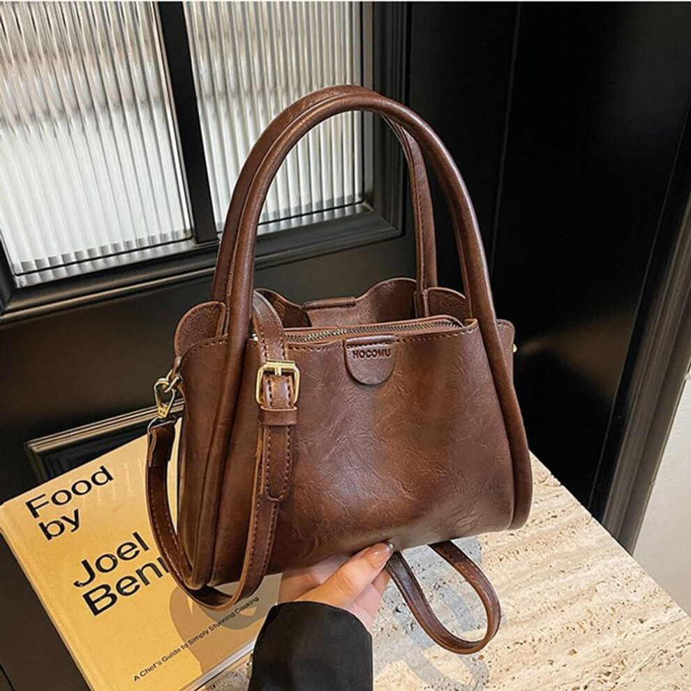(coffee, 22x11x16cm) Women's New Shoulder Bag Solid Color Artificial Leather Handbag Fashionable Casual Crossbody Bag