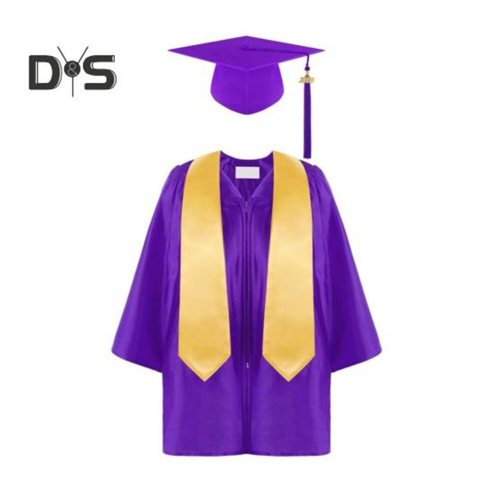 (purple, 30) 3 Pcs/set Children Kindergarten Graduation Uniform With Tassel Hat And Shawl V Neck Calf Length Long Sleeve Zipper Closure Elementary Graduation Robe