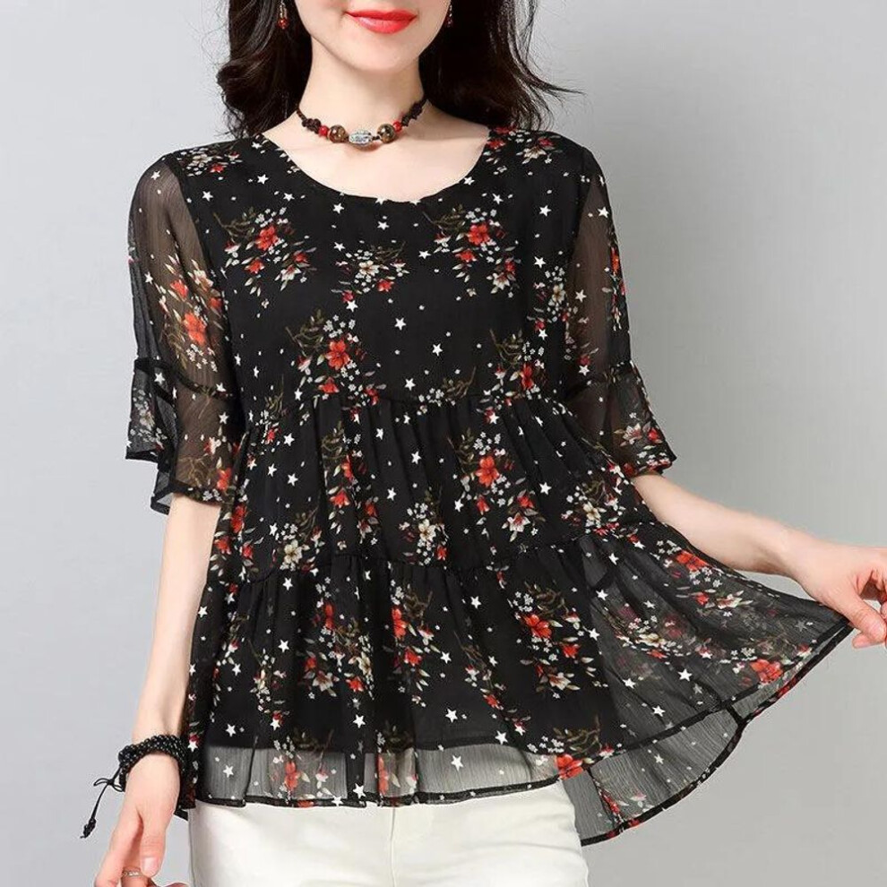 (M, black) Women's Summer Plus Size Short-sleeved Loose Floral Blouse Temperament Round Neck T-shirt