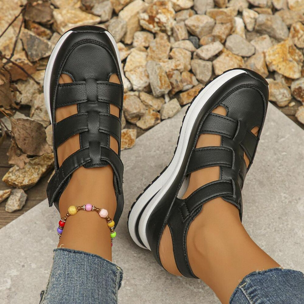 (black, 35) New Ladies Shoes High Quality Buckle Strap Closed Toe Office Sandals Solid Color Platform Heel Casual Sports Shoes