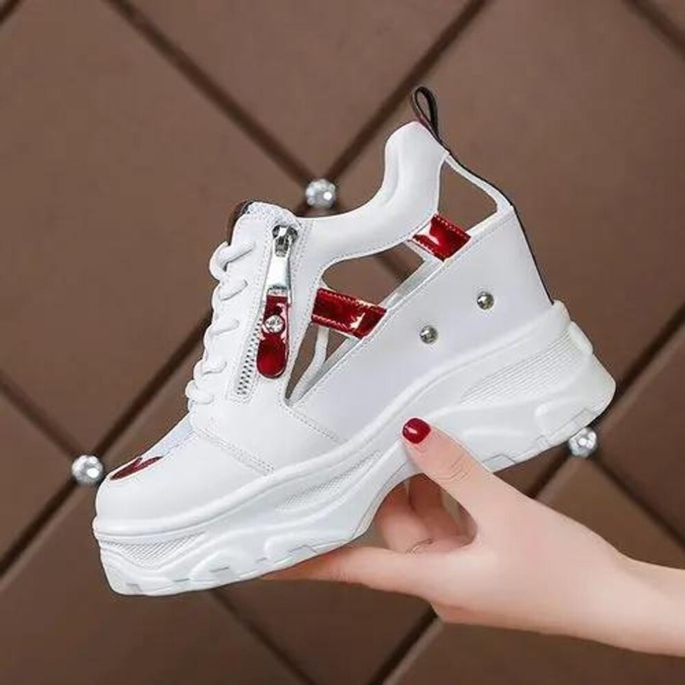 (red, 35) 2025 Summer Women Sandals 9cm Wedges Hollow Out Sneakers Ladies Breathable Mesh Platform Casual Shoes Woman White Shoes