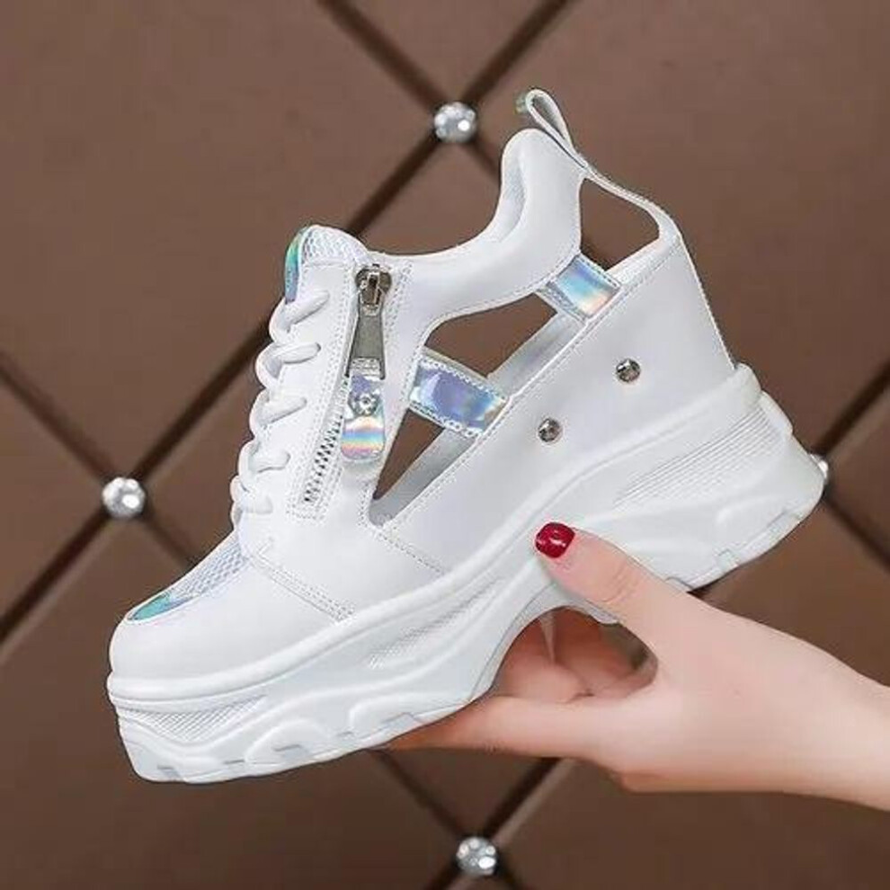 (white, 37) 2025 Summer Women Sandals 9cm Wedges Hollow Out Sneakers Ladies Breathable Mesh Platform Casual Shoes Woman White Shoes