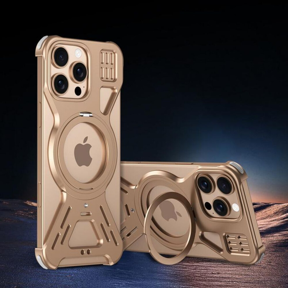 (gold, iPhone 12 Pro) Luxury Aluminium Alloy Frameless Case For iPhone 16 Pro Max 15 Plus 14 Pro 13 12 for Magsafe Shockproof Ring Stand Magnetic Phone Cover
