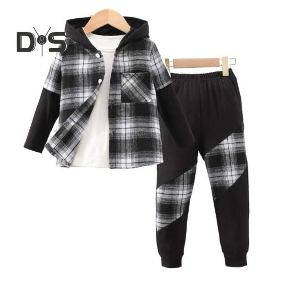 (black, 5 Years) 2 Pcs/set Children Spring Fall Coat Pants Suit Long Patchwork Sleeves Plaid Print Hooded Top Elastic Waist Sweatpants Sport Outfit