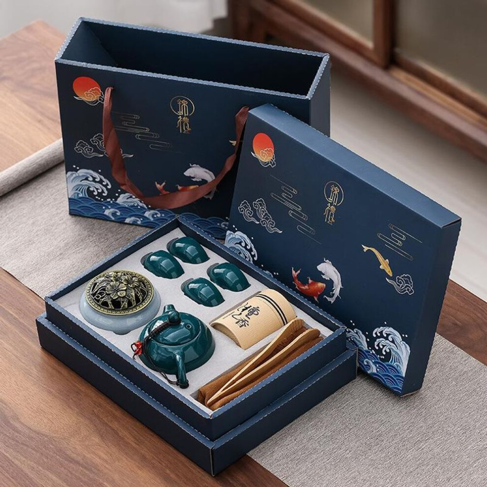 (dark green, 9pcs Set) Kungfu Tea Set Incense Burner Gift Box Ceremony One Pot Four Cups Can Sandalwood Stove Chinese Ceramic Portable In Car Cup Bar