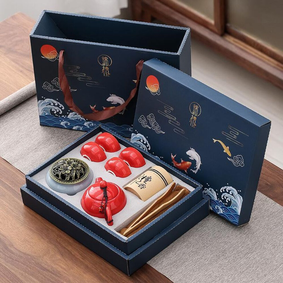 (red, 9pcs Set) Kungfu Tea Set Incense Burner Gift Box Ceremony One Pot Four Cups Can Sandalwood Stove Chinese Ceramic Portable In Car Cup Bar