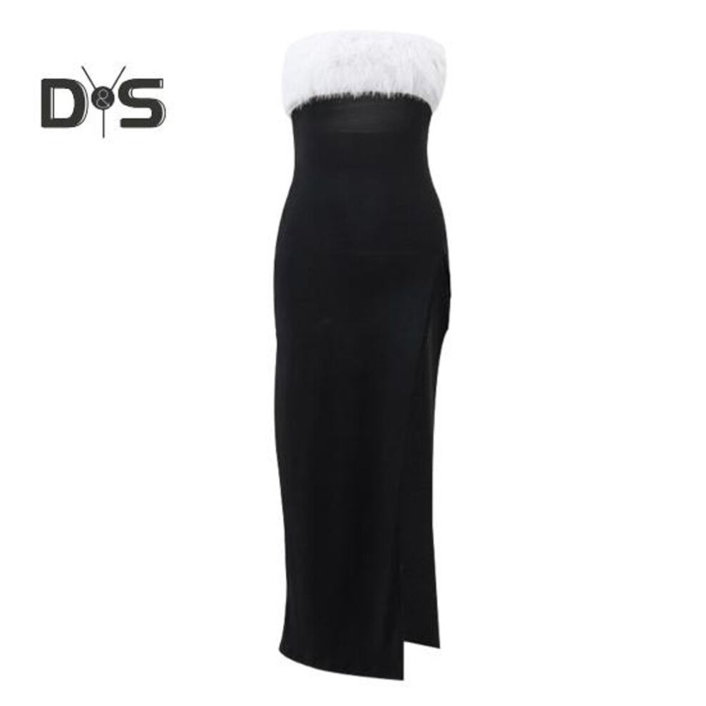 (black, L) Women Evening Dress Off Shoulder Sleeveless Backless Collarless Bandeau Fluffy Faux Fur Decor Side Slit Cocktail Party Prom Maxi Tube Top Dress