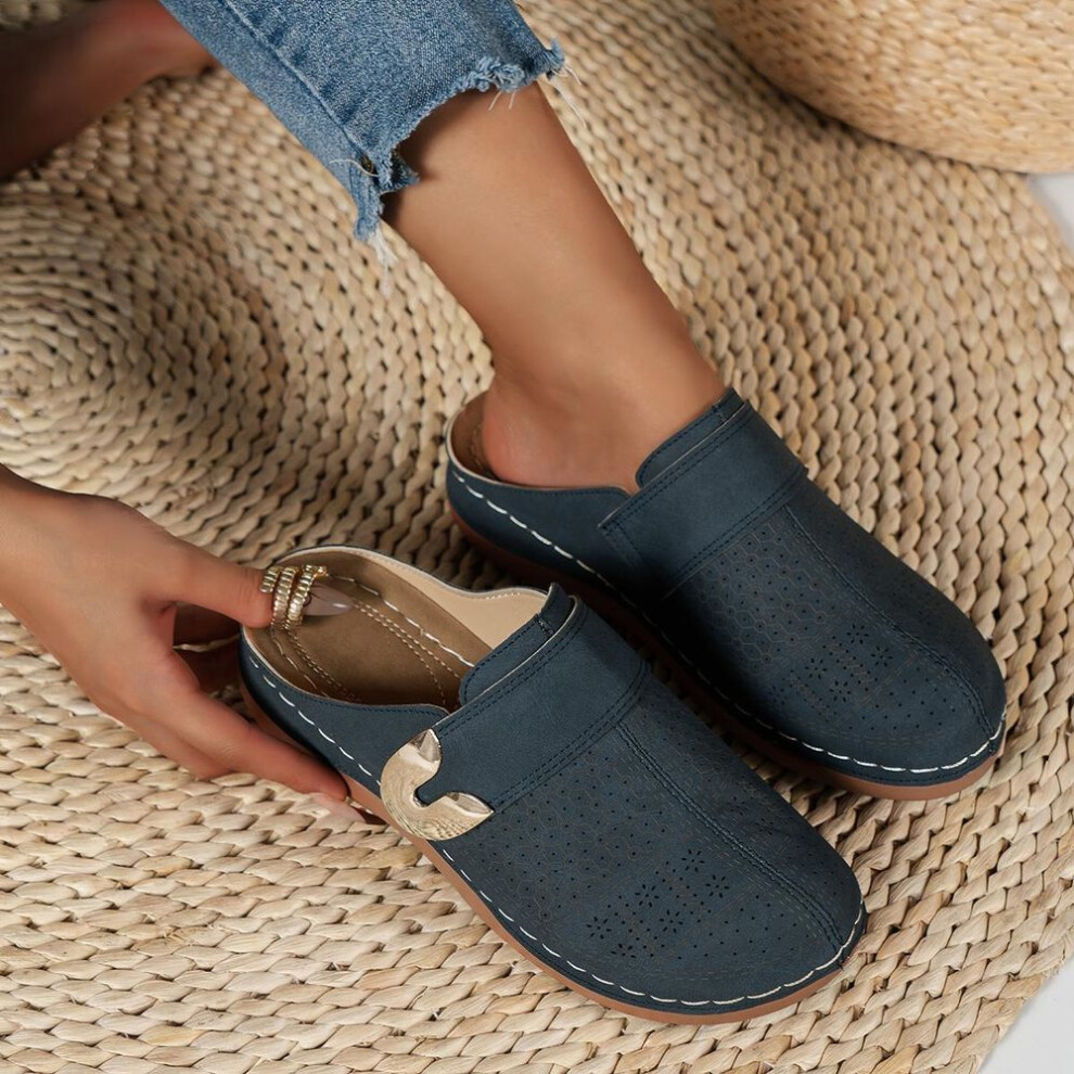 (navy blue, 39) Women Slippers 2025 New Summer Fashion Open Toe Shallow Sandals Flats Shoes Low Heels Slippers Slides