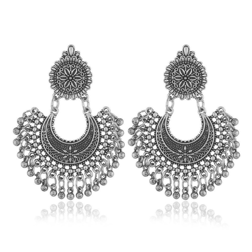 (antique silver) Bohemian Ethnic Fan-shaped Alloy Earrings With Carved Flowers And Bell Tassels For Women