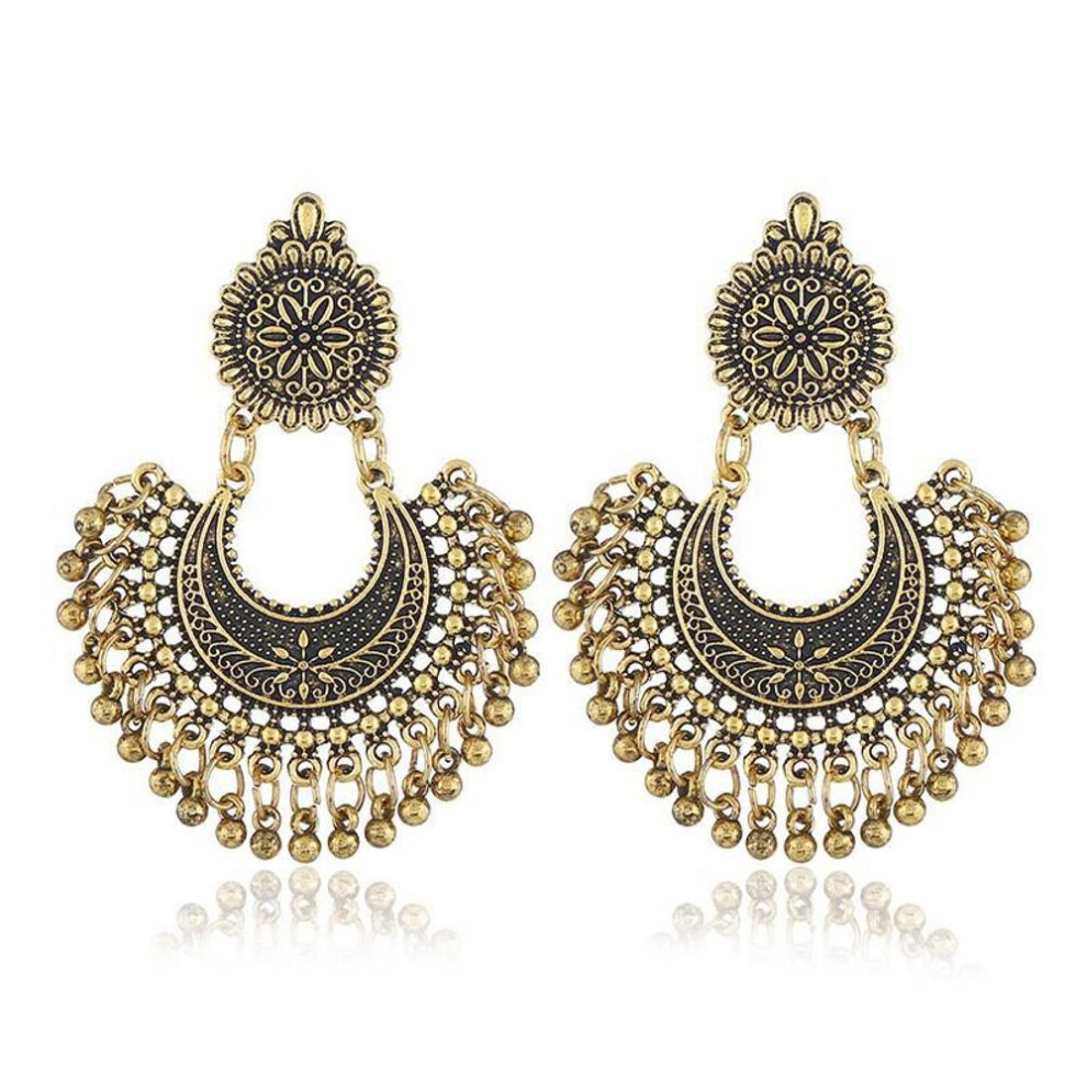 (antique gold) Bohemian Ethnic Fan-shaped Alloy Earrings With Carved Flowers And Bell Tassels For Women
