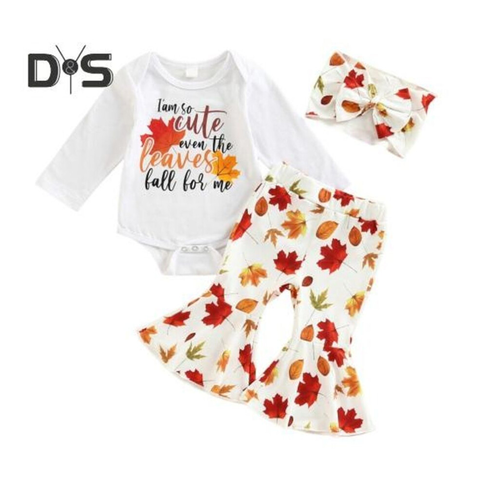 (apricot, 70cm) 3 Pcs/set Girls Top Pants Headband Suit For 0-18 Months Colorful Printing Flared Trousers Long Sleeve Bodysuit With Buttoned Crotch Toddler Outfit