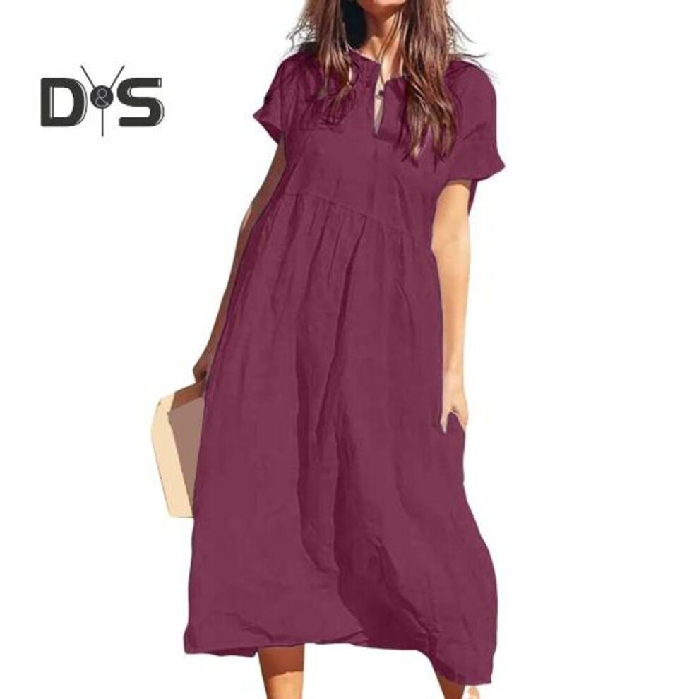 (wine red, XL) Women's Cotton Linen Maxi Dress Casual Short Sleeve V-Neck Sundress Loose Beach Pleated Long Dress for Summer Vacation