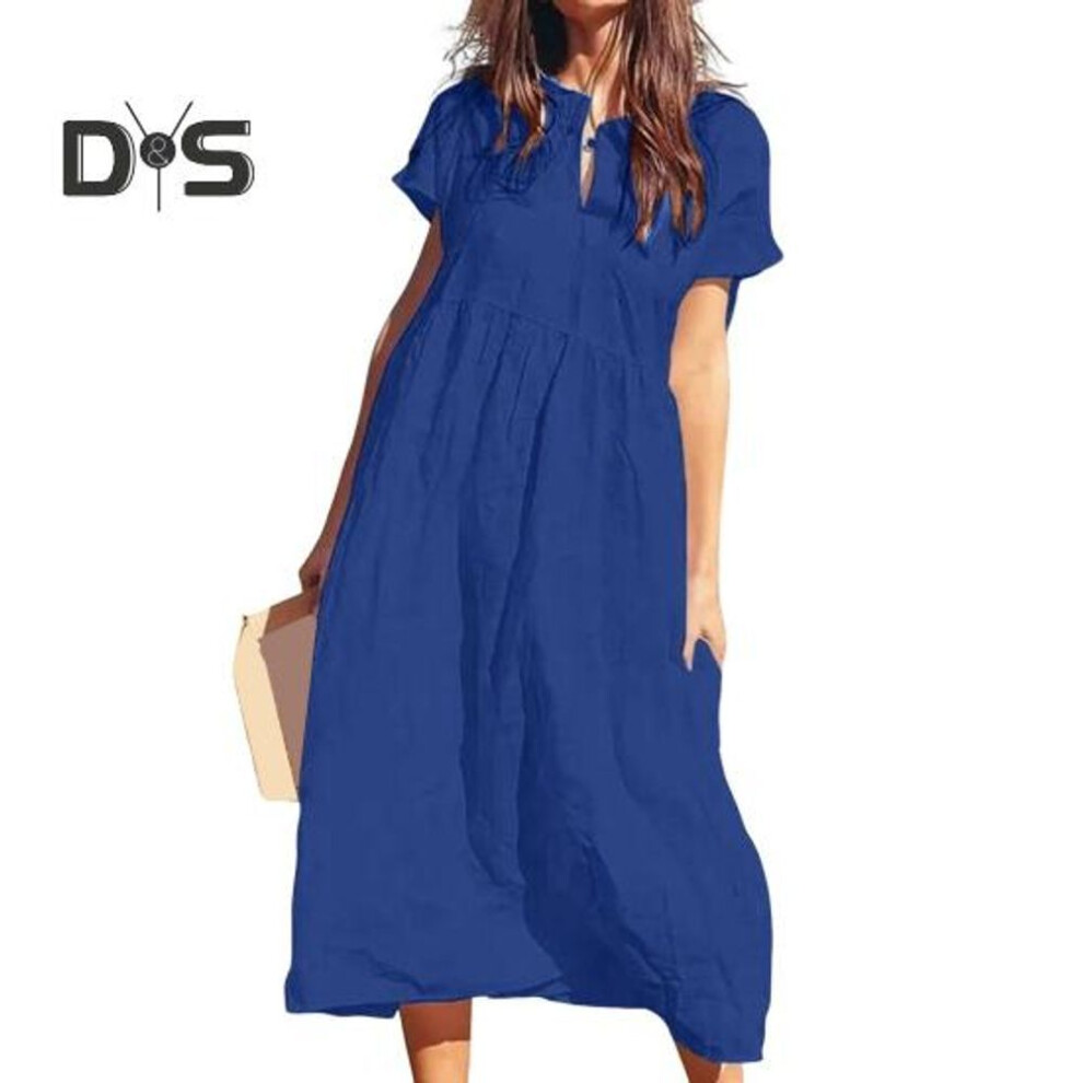 (royal blue, M) Women's Cotton Linen Maxi Dress Casual Short Sleeve V-Neck Sundress Loose Beach Pleated Long Dress for Summer Vacation