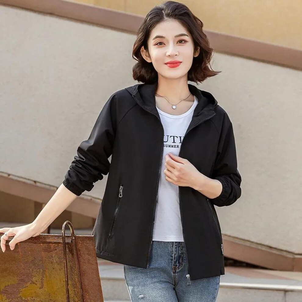 (black, XL) Windbreaker Jacket Women Spring Autumn Trench Coat Female Sports Leisure Outerwear Large Size Hooded Outcoat Ladies Tops