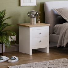 (White & Oak) Arlington 2 Drawer Bedside Chest Cabinet Oak Top