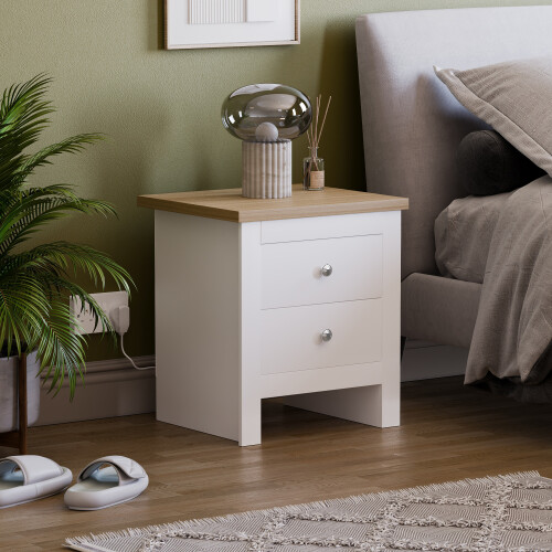 (White & Oak) Arlington 2 Drawer Bedside Chest Cabinet Oak Top