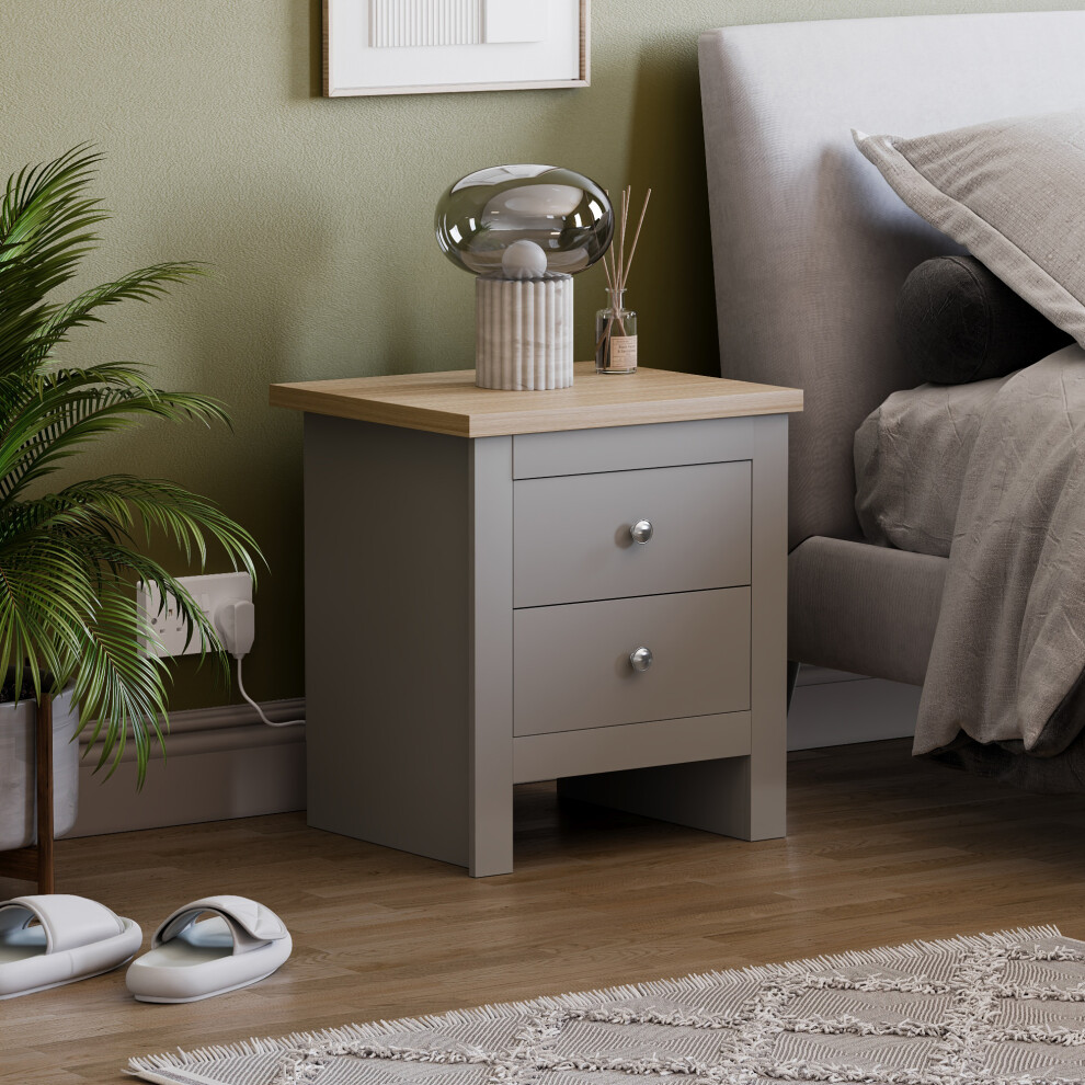(Grey & Oak) Arlington 2 Drawer Bedside Chest Cabinet Oak Top