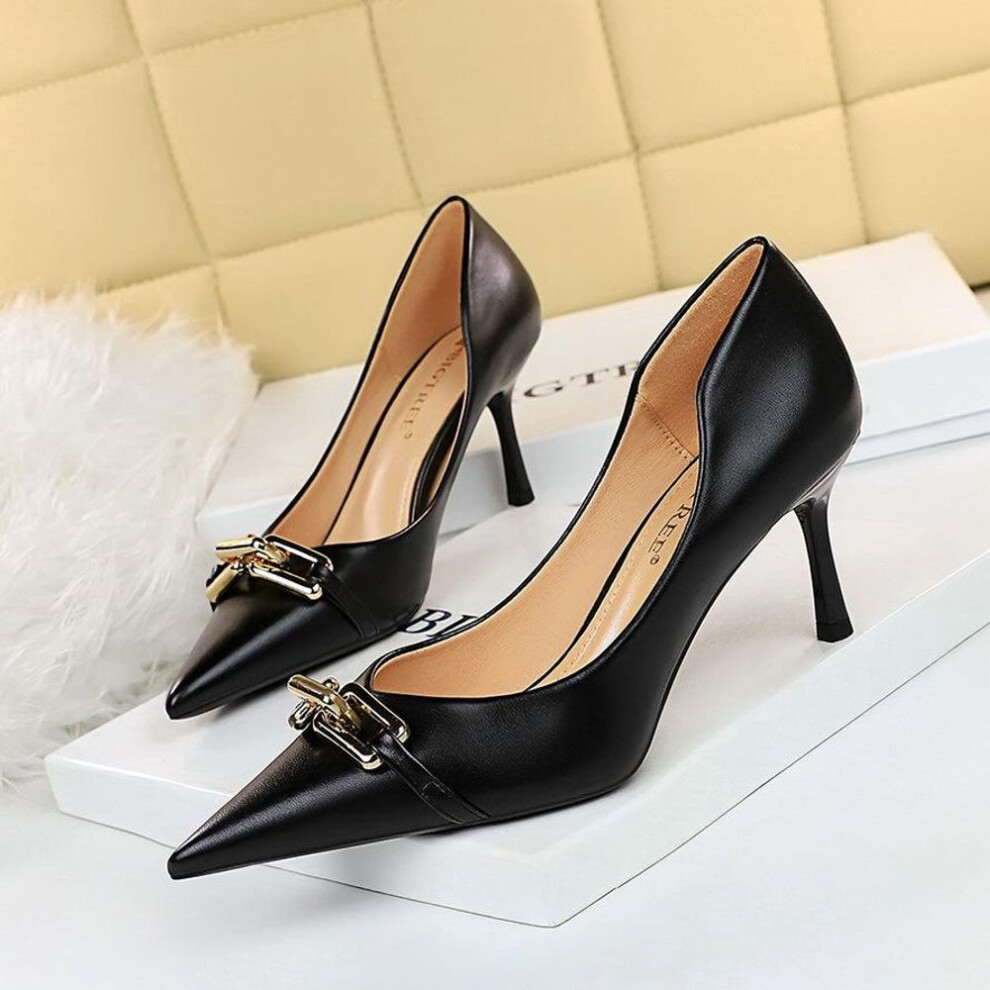 (black, 34) Elegant Women's Stiletto High Heels - European & American Style, Pointed Toe, Shallow, Hollow with Metal Buckle Decoration