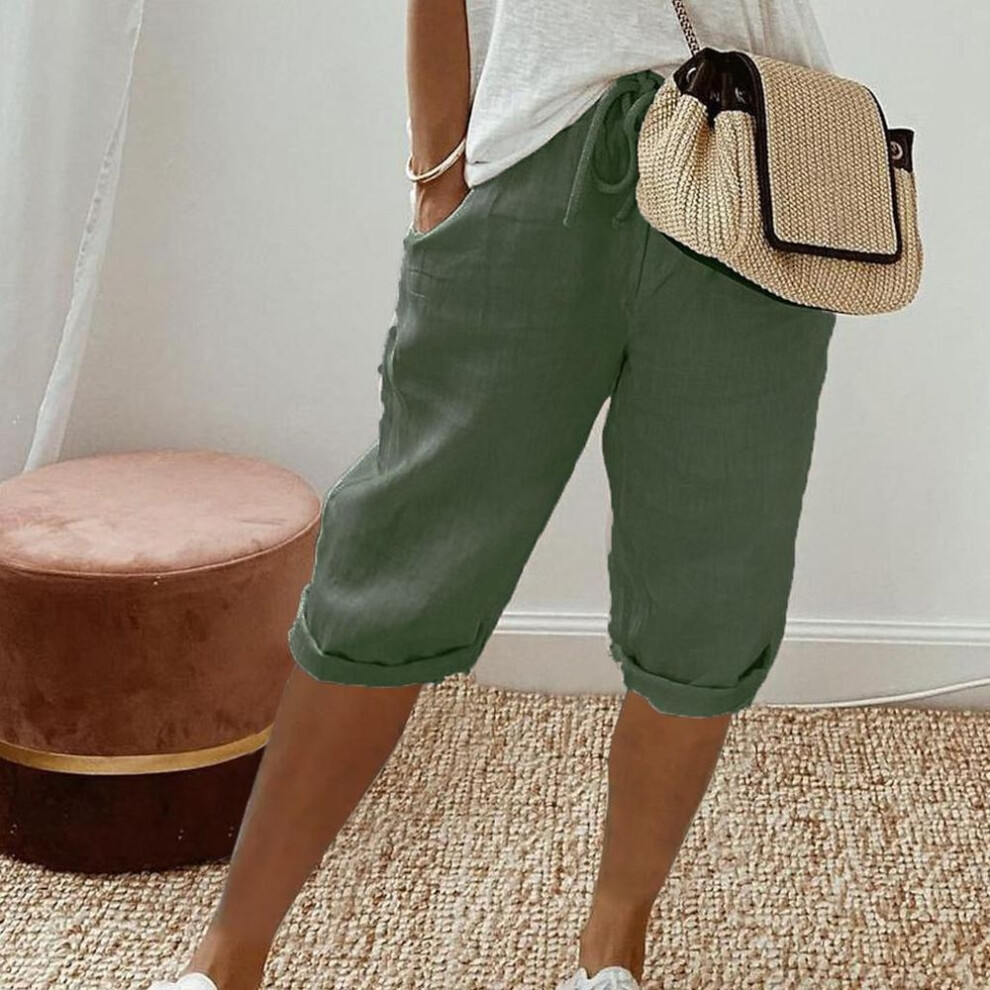 (green, S) Women Cotton Linen Shorts Vintage Style Knee-length Pants With Pockets For Women Breathable Elastic Waist Trousers Solid Colors Five Pants