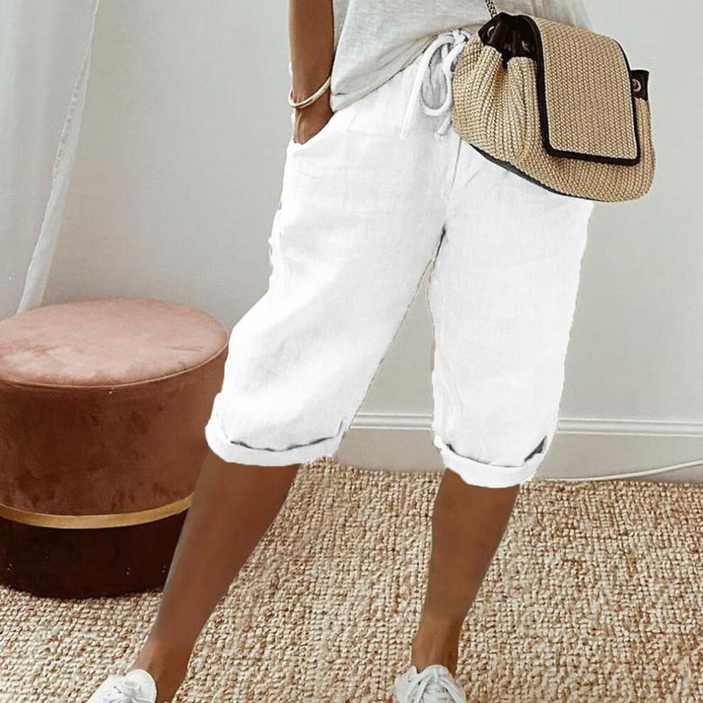 (white, L) Women Cotton Linen Shorts Vintage Style Knee-length Pants With Pockets For Women Breathable Elastic Waist Trousers Solid Colors Five Pants