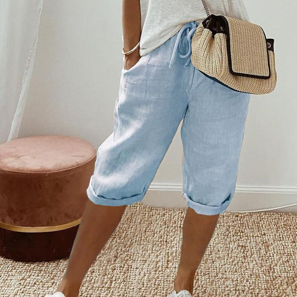 (sky blue, S) Women Cotton Linen Shorts Vintage Style Knee-length Pants with Pockets for Women Breathable Elastic Waist Trousers Solid Colors Five Pants