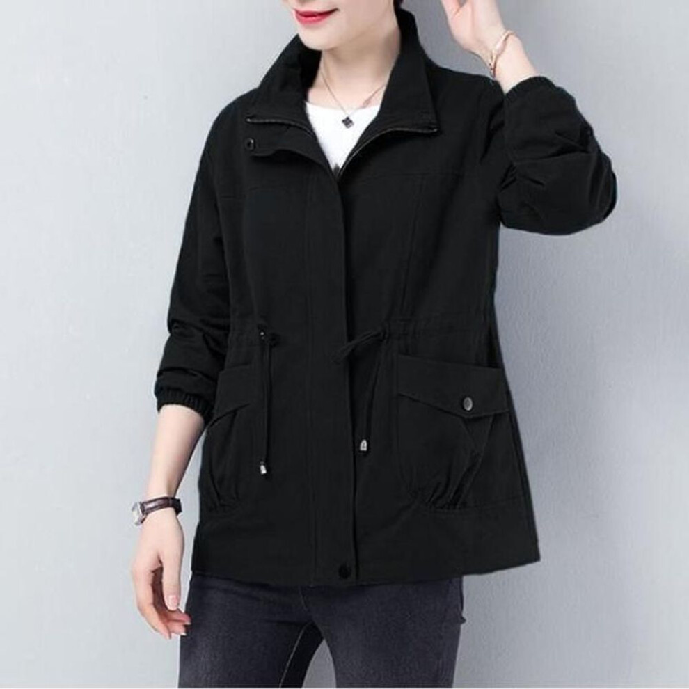 (black, S) Women Spring Autumn Lining Windbreaker Drawstring Waist Stand Collar Jacket Women Jackets Plus Size