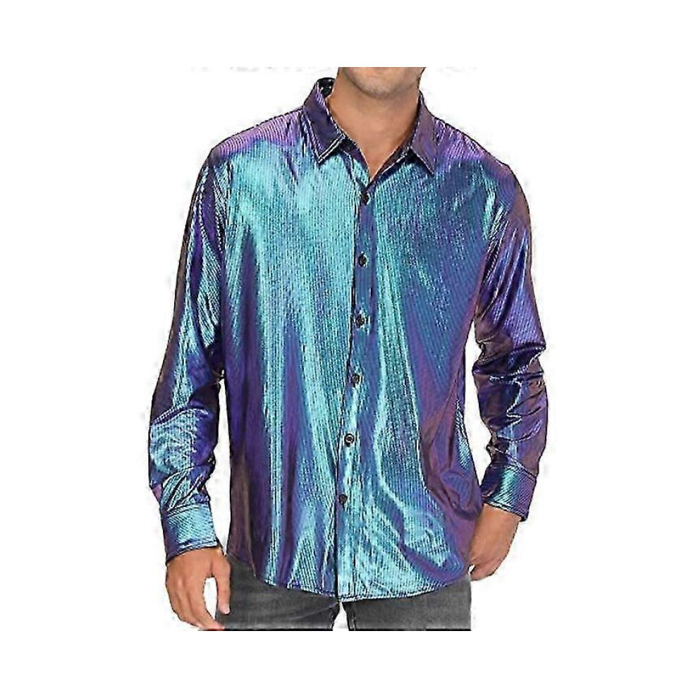 (L, Blue) Men's 70s Disco Shirts Luxury Metallic Sequins Long Sleeve Party Shirt-image-OPC-PH6Q7P5-NEW