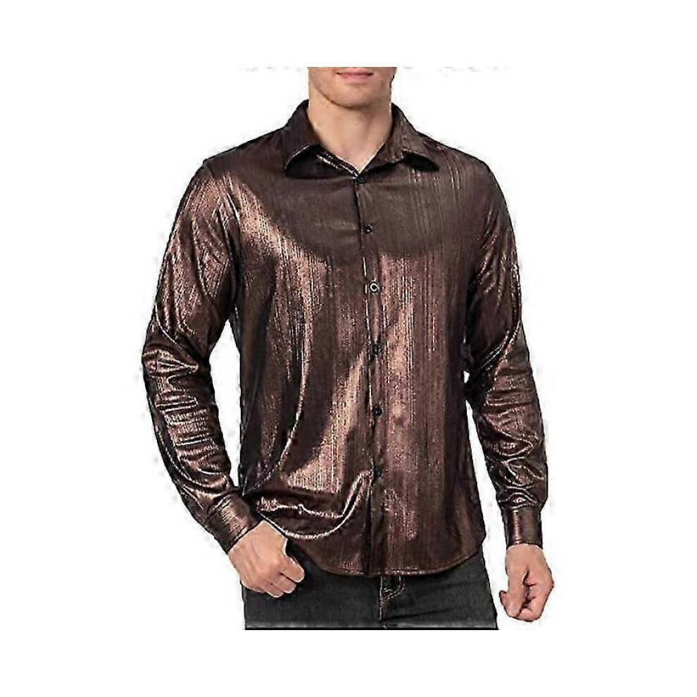 (XL, Brown) Men's 70s Disco Shirts Luxury Metallic Sequins Long Sleeve Party Shirt-image-OPC-PH6Q7PD-NEW