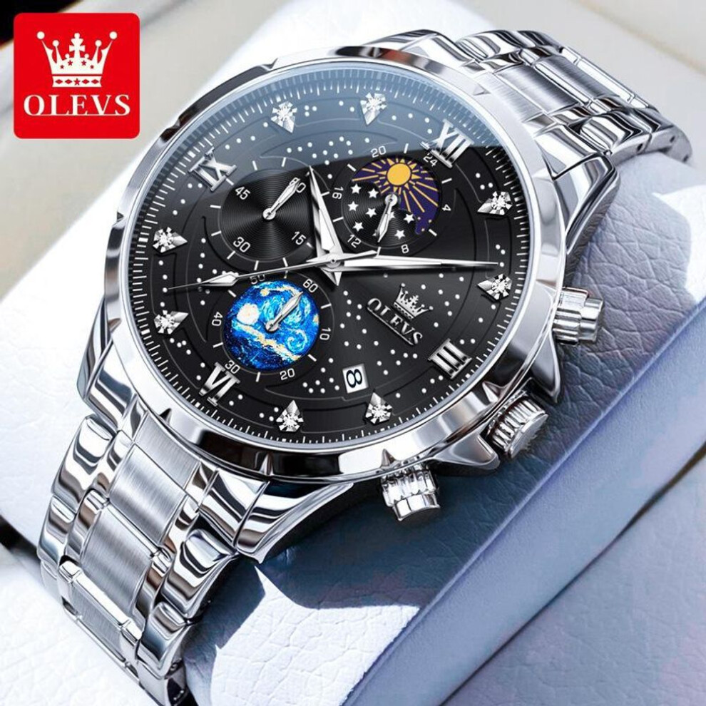 (black) Men's Quartz Multifunctional Chronograph Watch Stainless Steel Waterproof Luminous Diamond Studded Starry Sky Watch